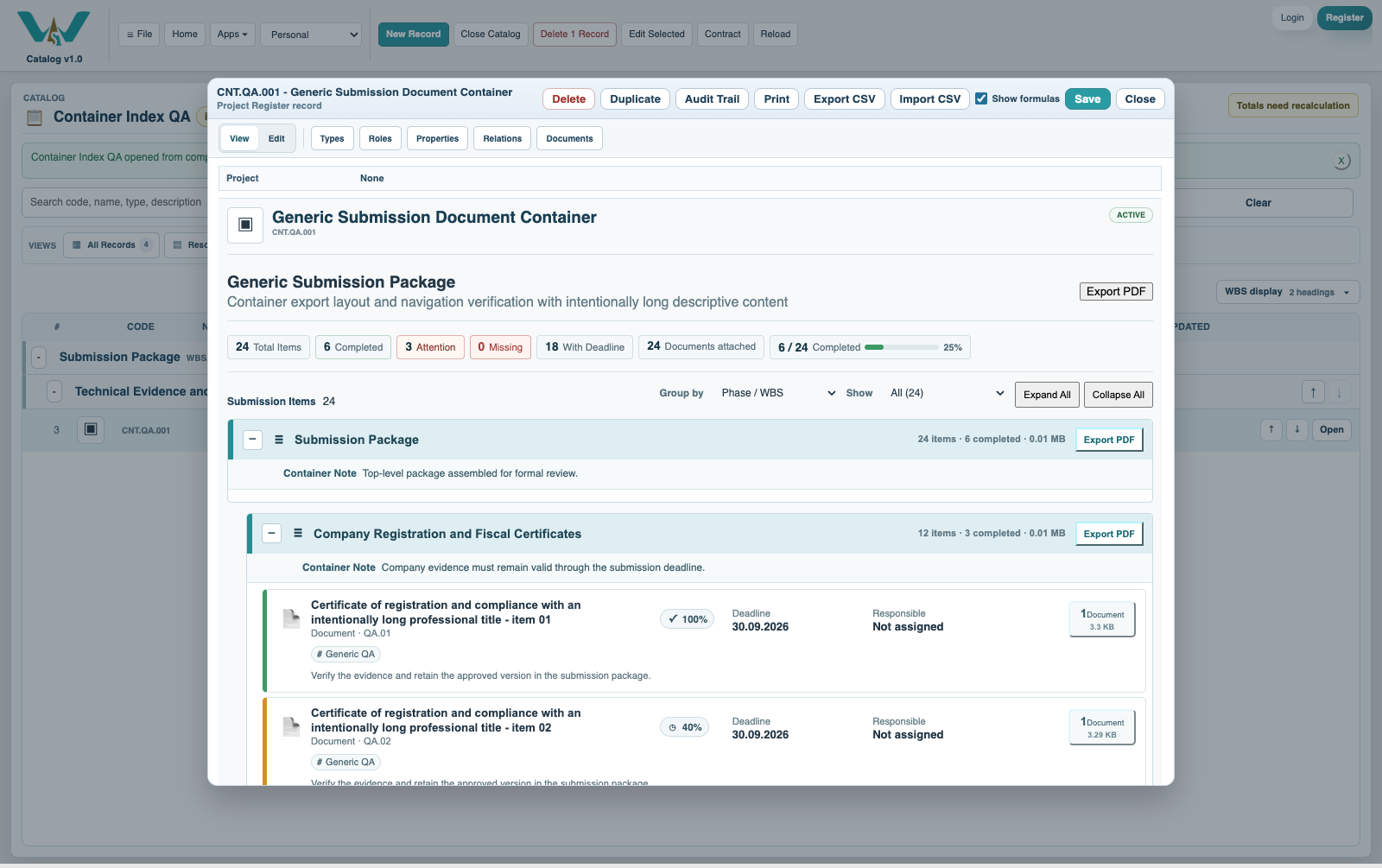 Container reading view with grouped items and status indicators