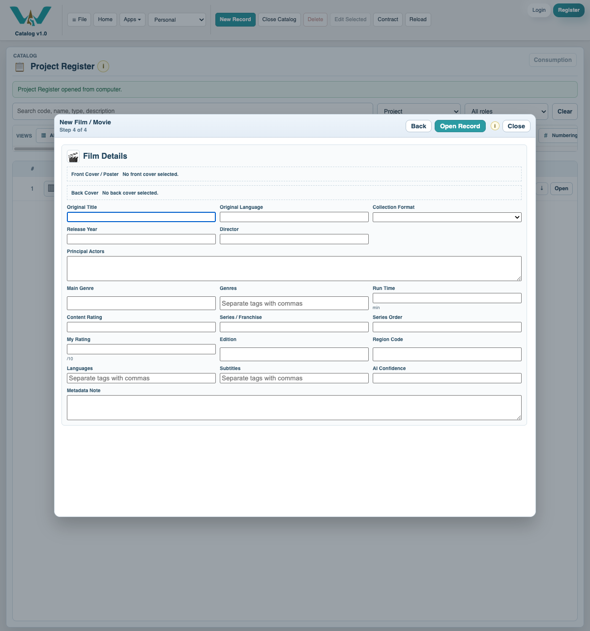 Editable Film record wizard used to verify title, language, and metadata