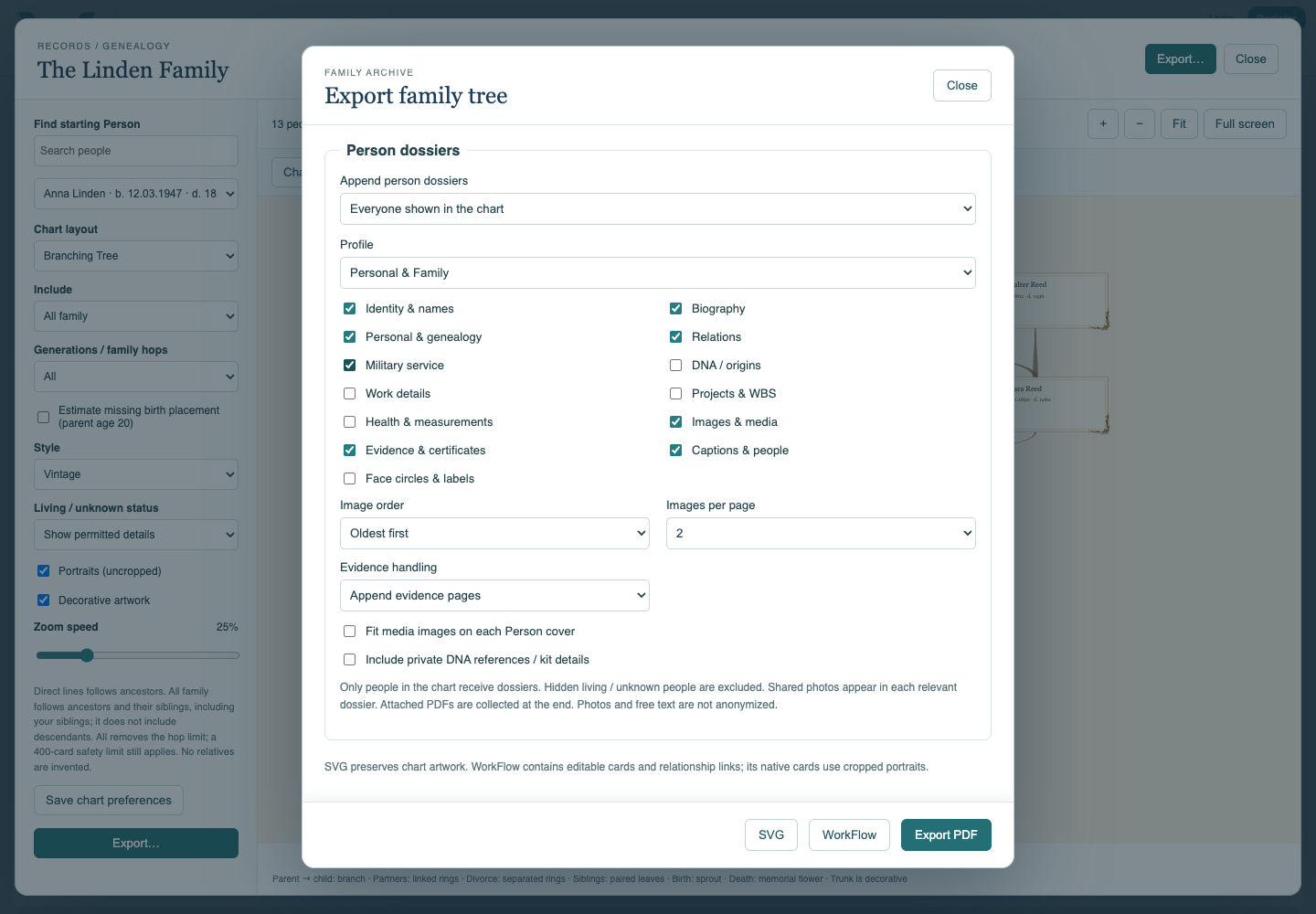 Evidence settings and export controls.