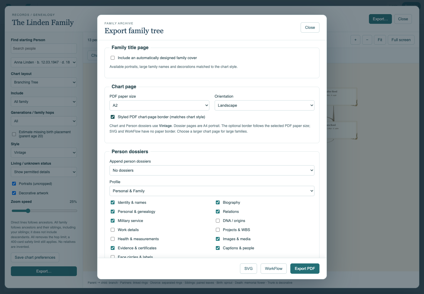 Chart page size and orientation controls.