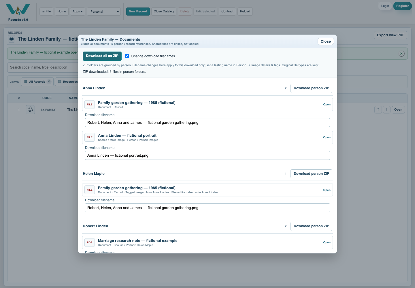 Family document download controls and progress or completion feedback.