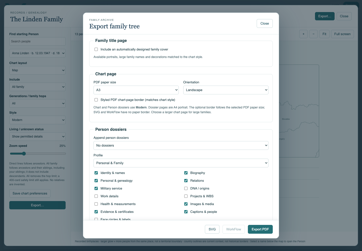 Map export with PDF and SVG available.