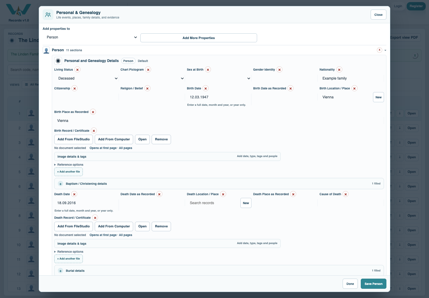 Life-event date fields in the Person editor.