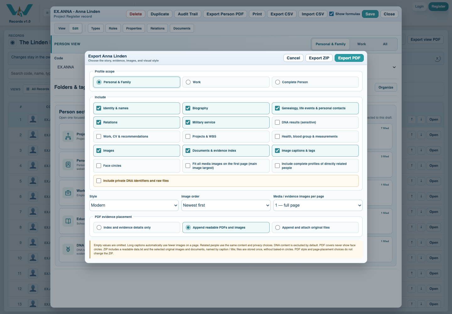 Export Person provides a ZIP of selected text and original files.