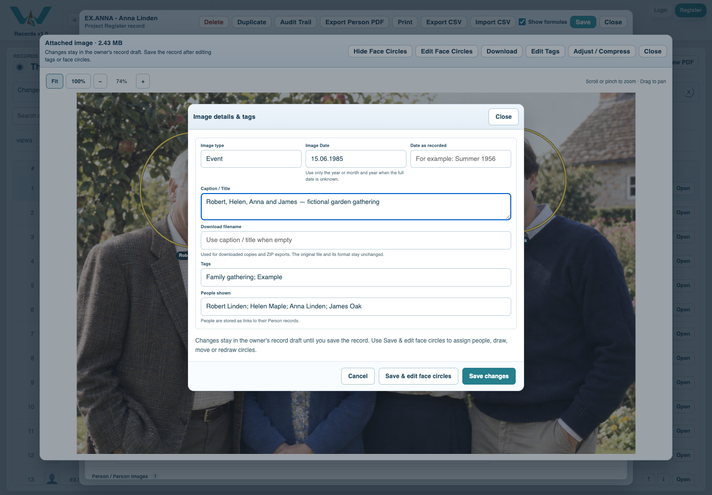 Caption, date, tags and people in the actual image metadata editor.