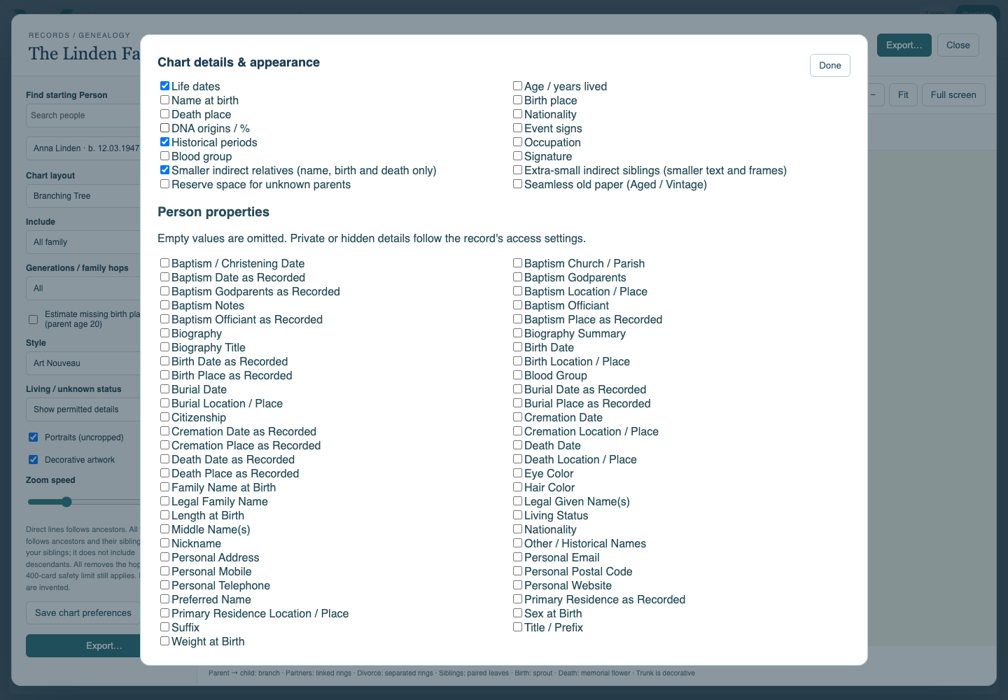 Field and card-size controls in the appearance dialog.