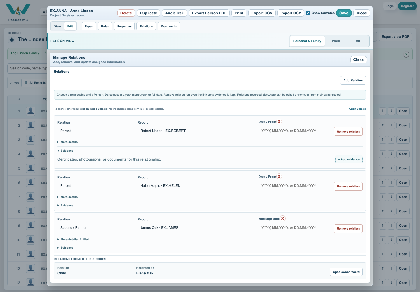 An expanded relationship evidence section.