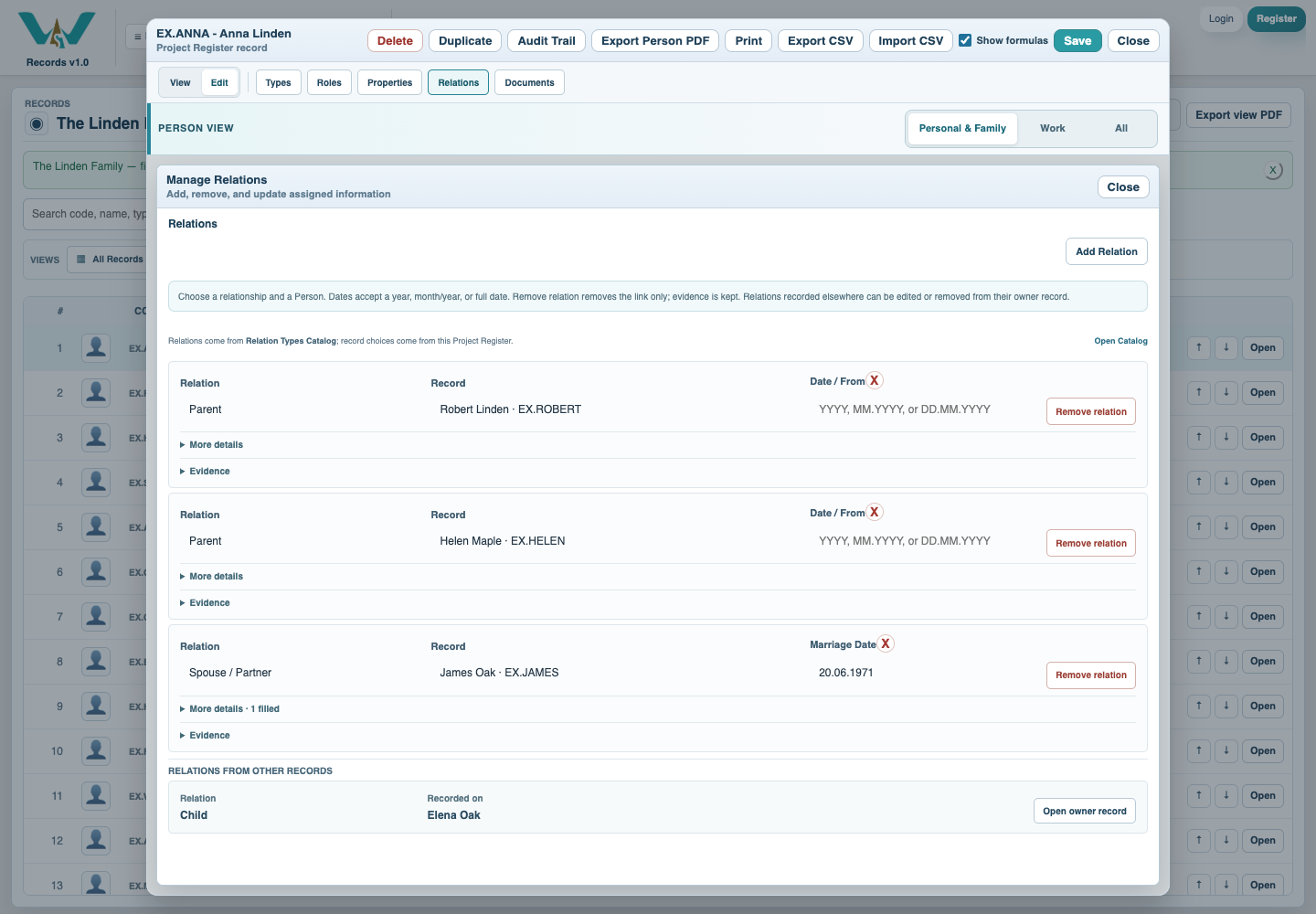 Existing parent and partner rows in the relation editor.