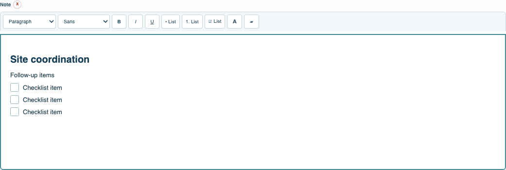 Note editor with structured checkbox list items