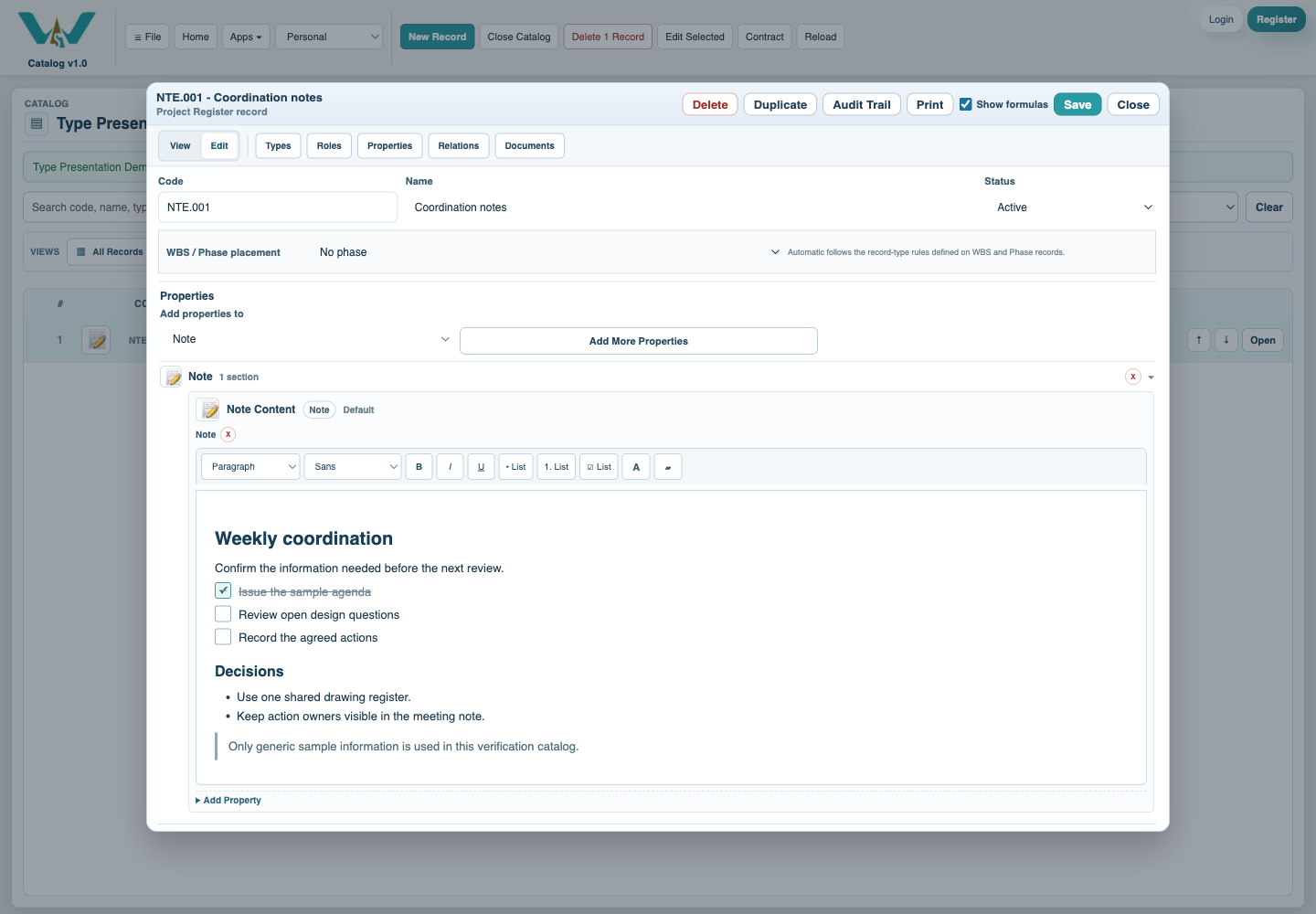 Note record open in its structured editor