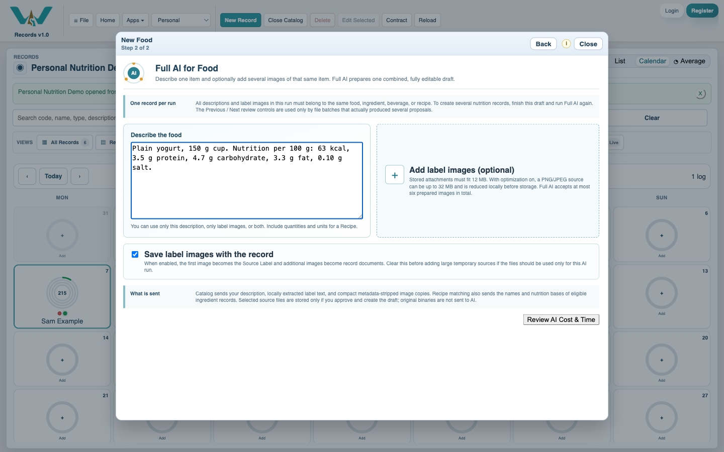 AI Assist review for nutrition label images with cost and privacy information
