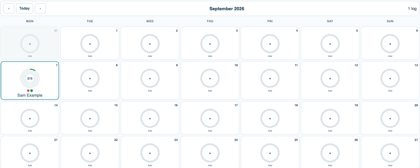 Daily Intake calendar with a selected Person and dated nutrition log