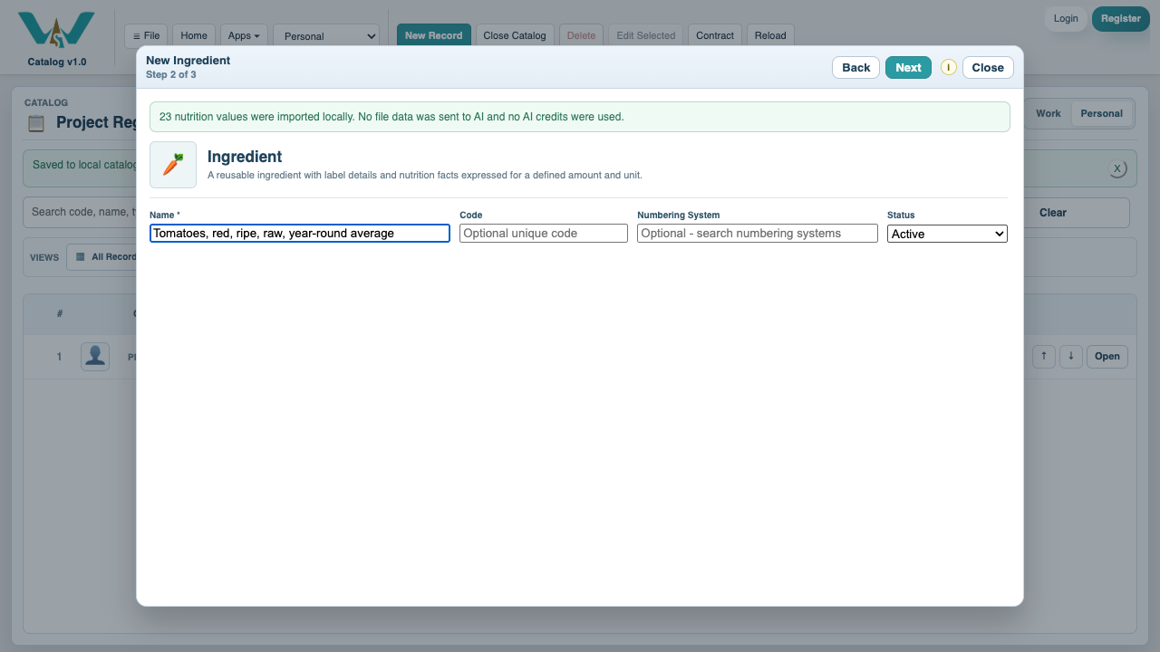 Locally imported Ingredient values ready for review in the record wizard