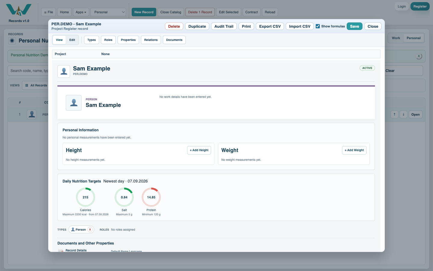 Person profile with calorie and nutrient target rings