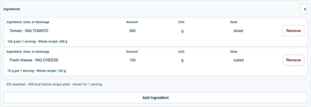 Recipe editor with registered ingredients, quantities, yield, and calculated nutrition