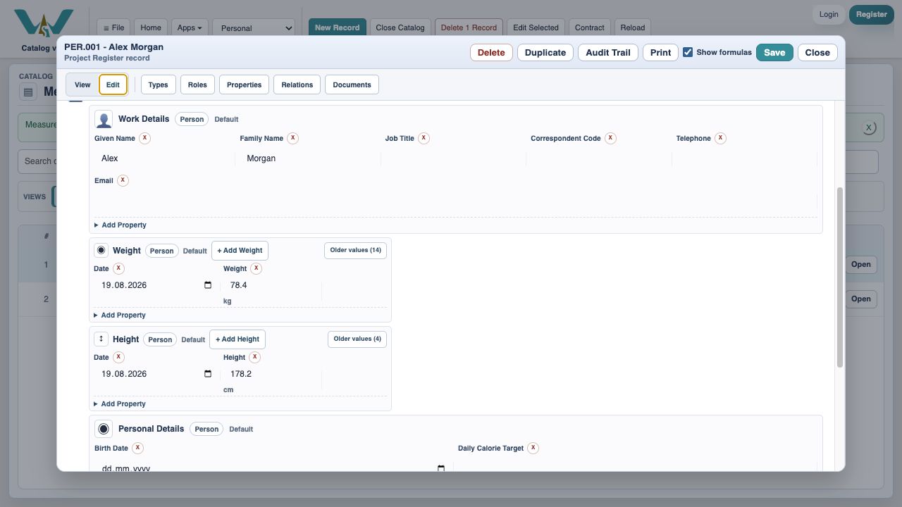 Person editor with a compact dated weight value