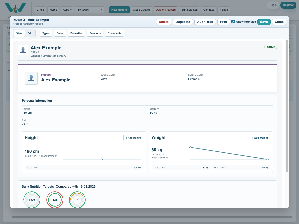 Personal Person record with measurement panels