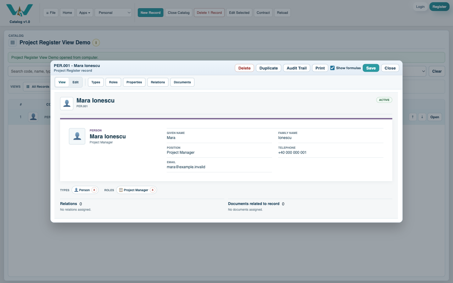 Person record available for a working relationship