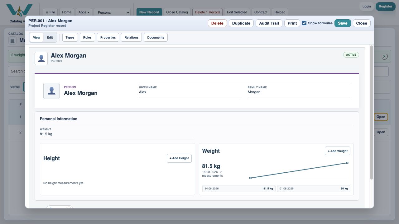 Popup containing the complete dated weight history