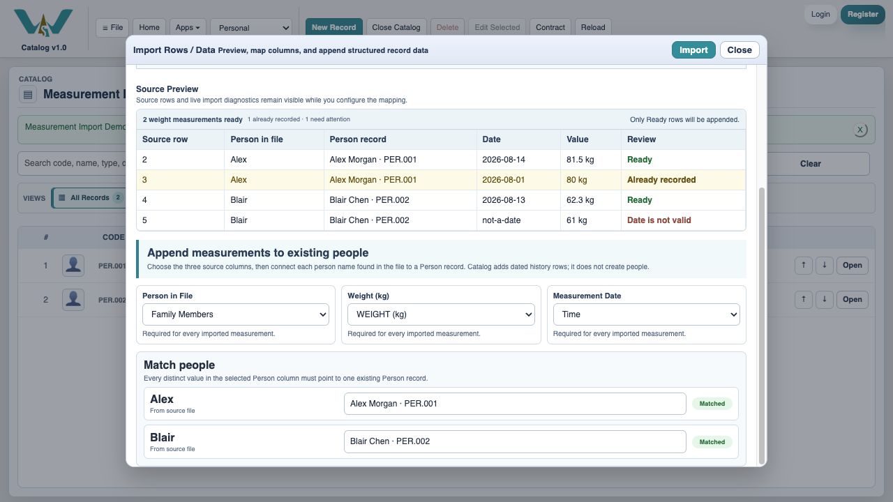 Weight import preview with person matching and dated values