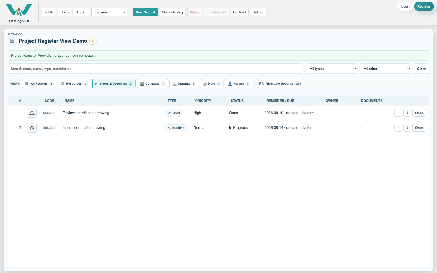 Planning view used to review dated project records