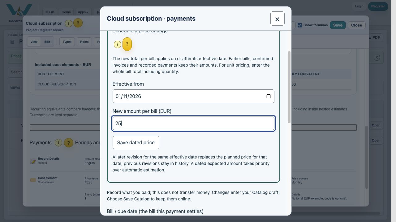 Cloud subscription: a 25 EUR price scheduled from 1 November 2026.