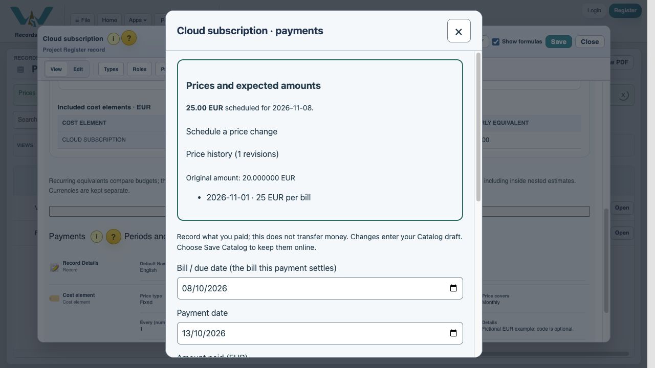 Saved subscription price history with original 20 EUR and a future 25 EUR revision.
