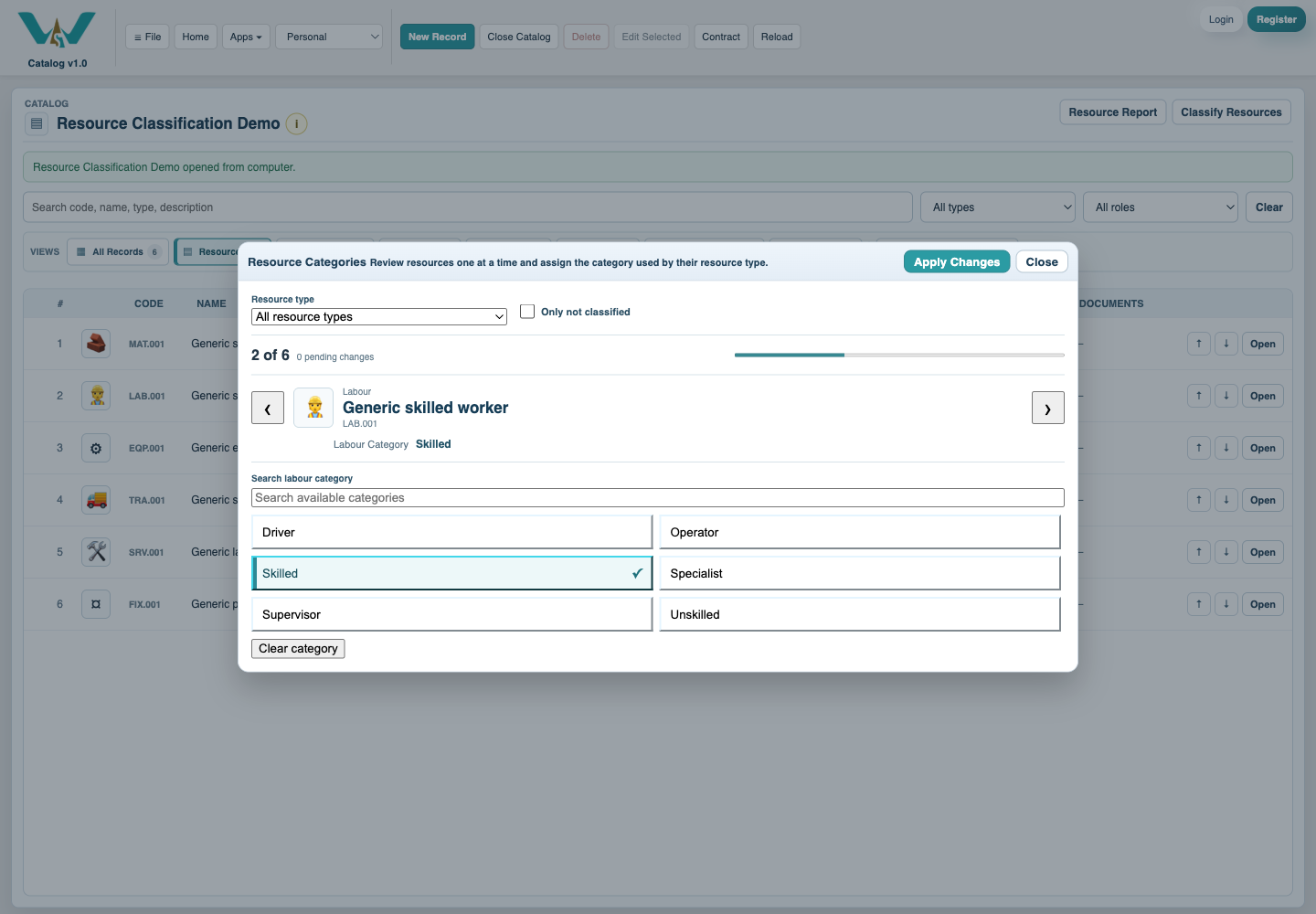 Resource Categories wizard used to classify project resources