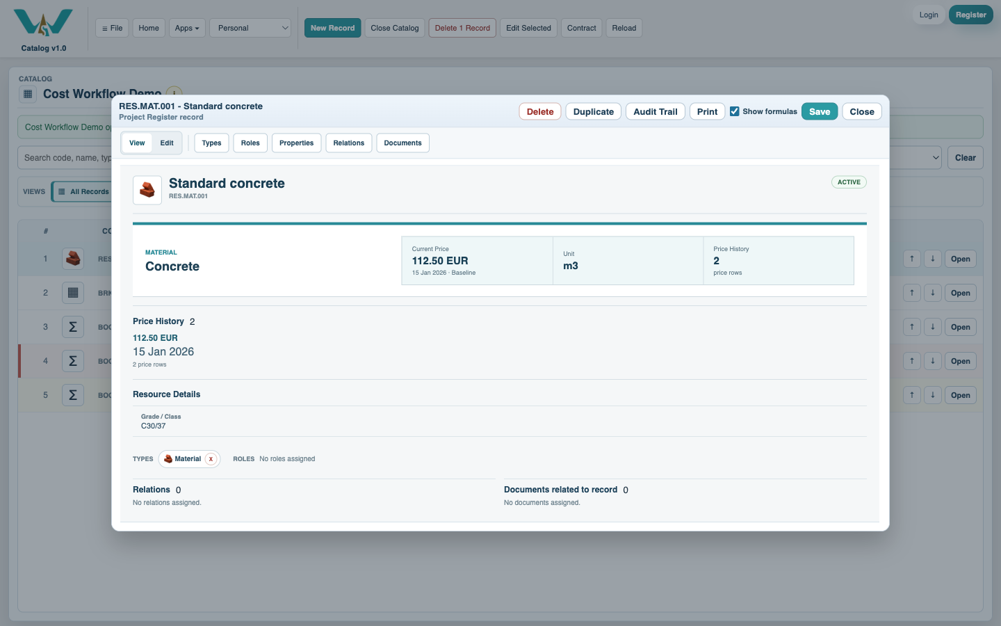 Resource record with unit, category, and price information