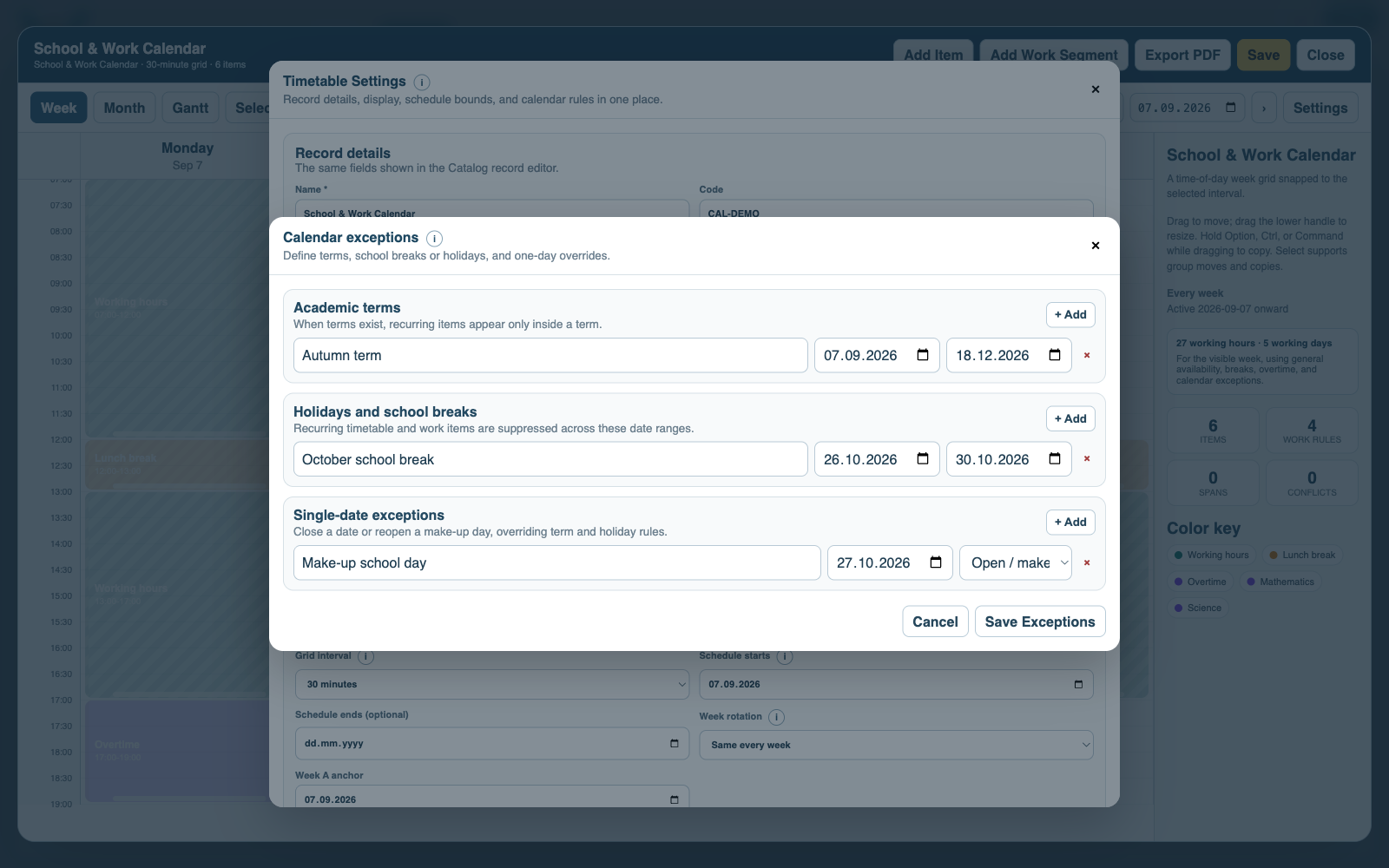 Calendar exception editor with terms and holidays