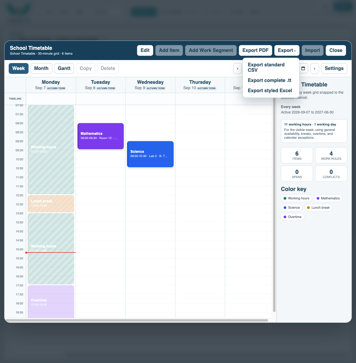 Timetable export menu with PDF and spreadsheet choices