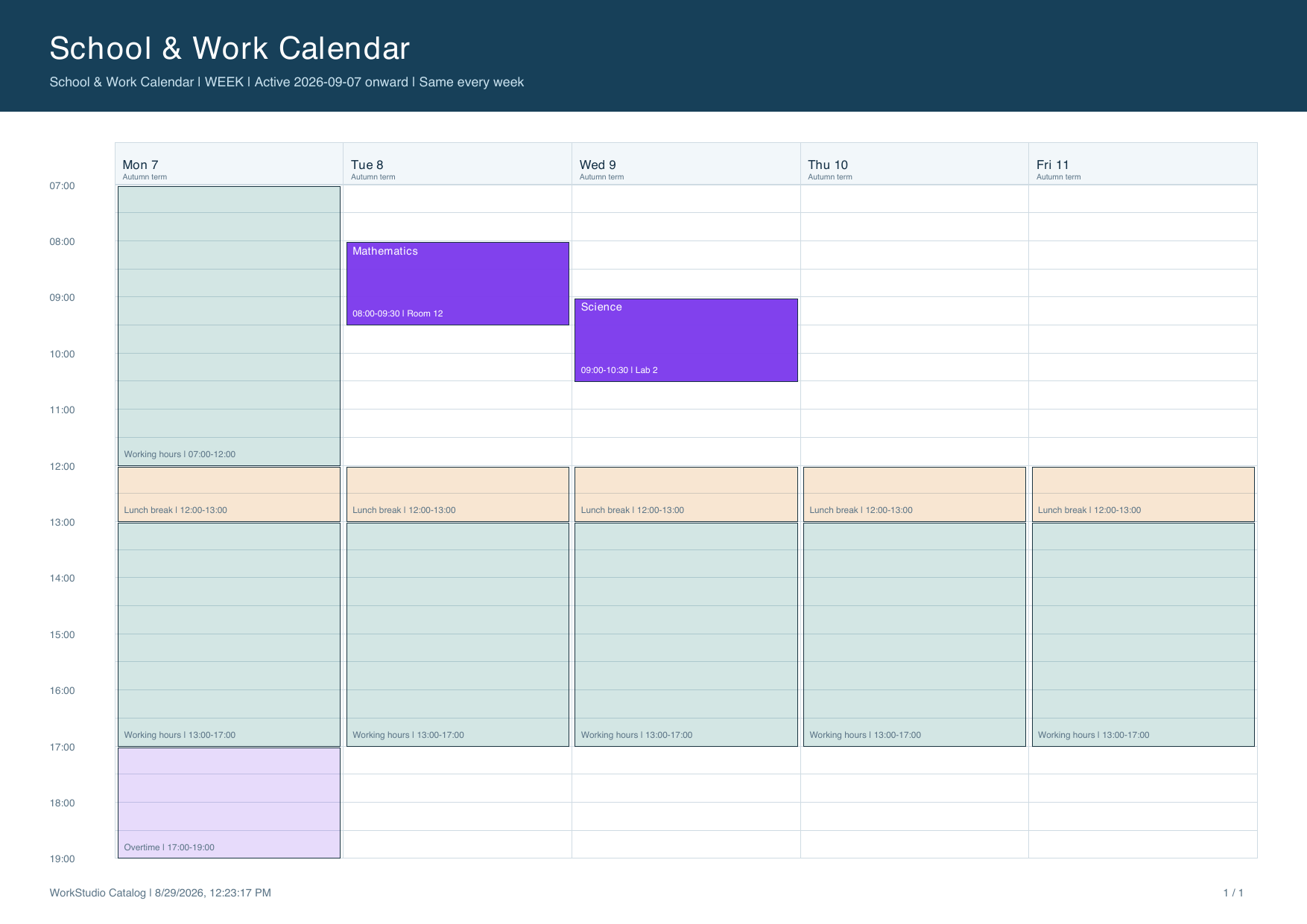 Exported School Timetable PDF with the weekly schedule