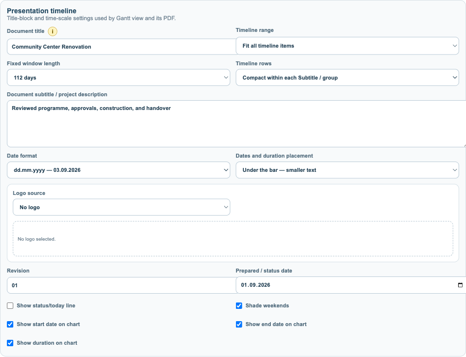 Presentation timeline layout and date options