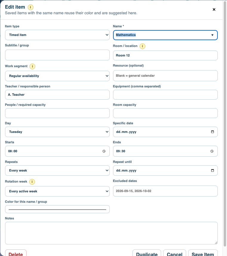 School Timetable lesson editor with subject, teacher, room, time, and recurrence