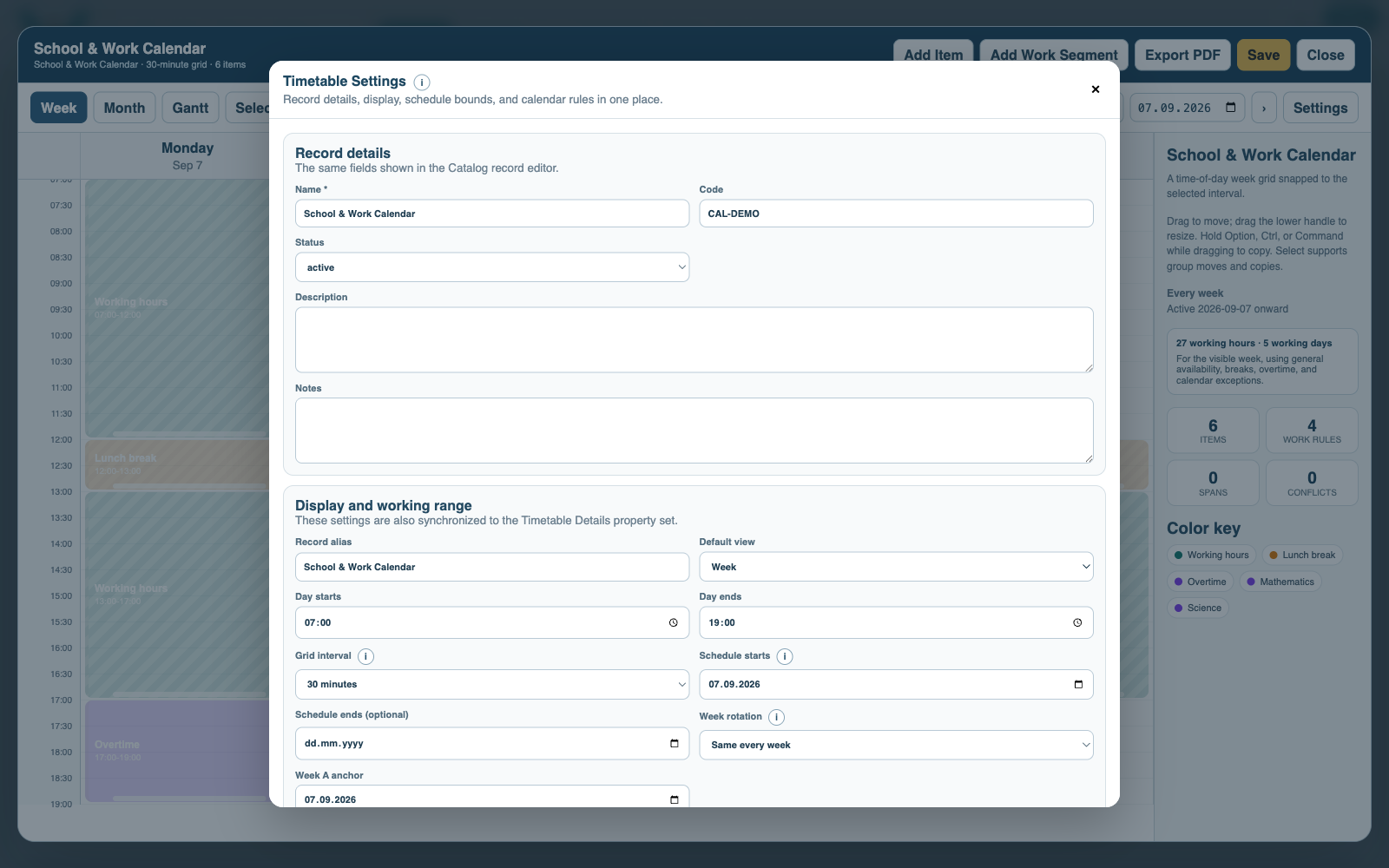 Timetable Settings with weekly schedule controls