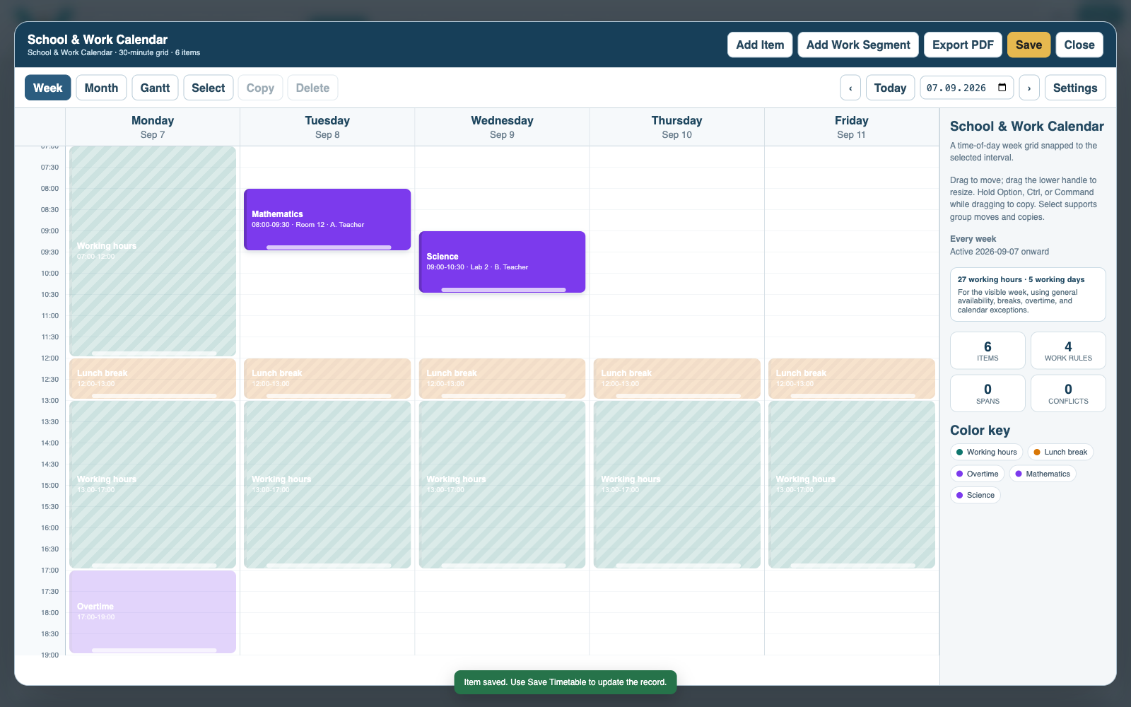 School Timetable opened in its weekly view