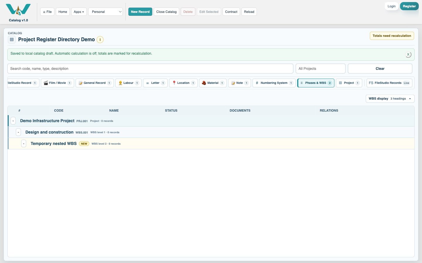 WBS parent selector placing a heading below a Project
