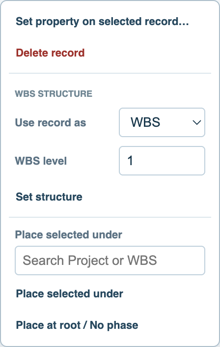 Context menu used to place selected records below a WBS heading