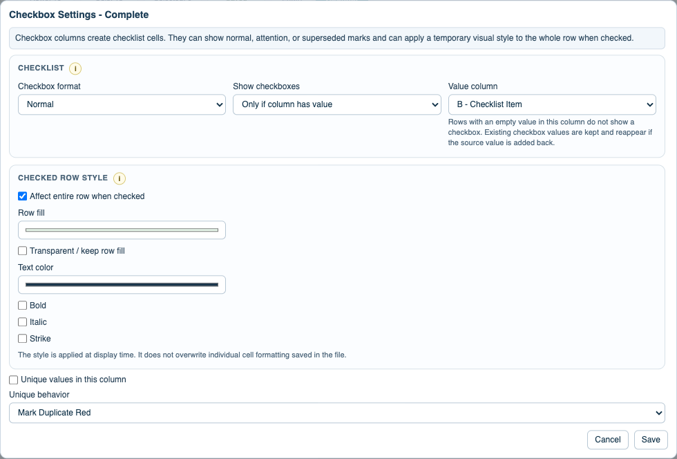 TableStudio checkbox column settings modal.