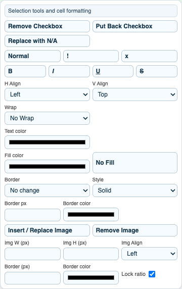 TableStudio checkbox context menu with remove, put back, N/A, normal, attention, and superseded actions.