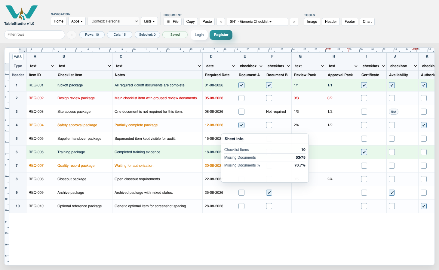 TableStudio checklist sheet with checkbox columns and a Sheet Info missing documents panel.