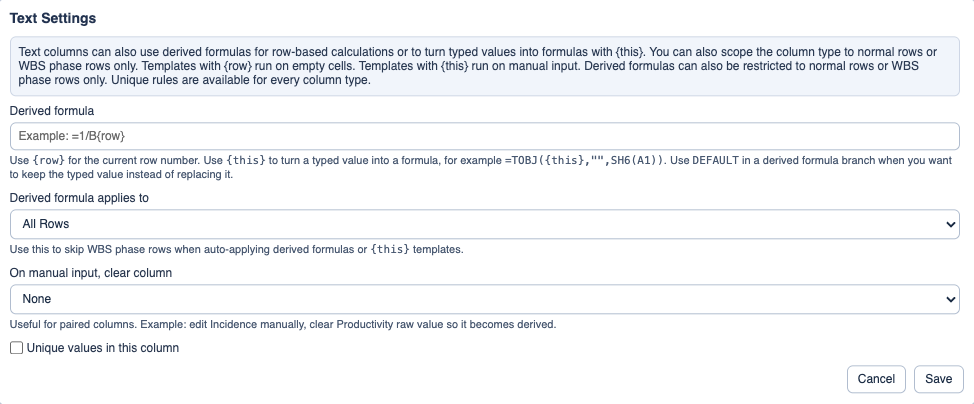 Column settings