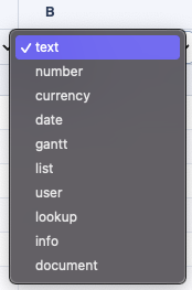 TableStudio Type row showing column type dropdowns.