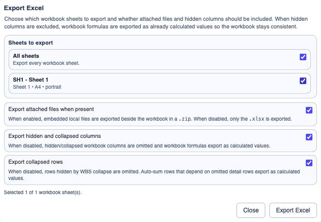 Excel export options.
