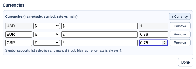 Currency settings