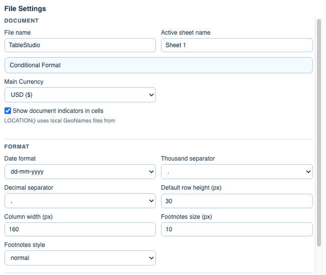 Top of the TableStudio File Settings window.