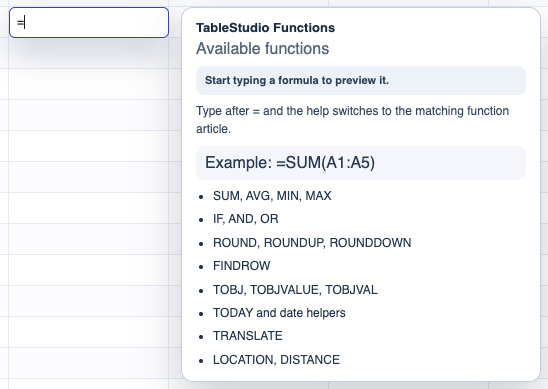 Formula help pane showing the TableStudio function index.