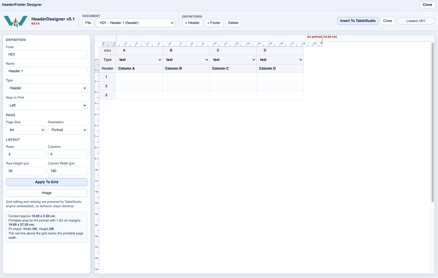 TableStudio header and footer designer.