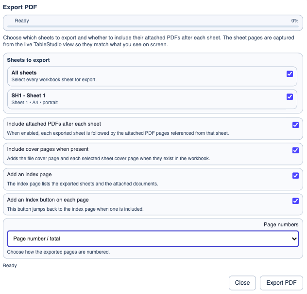 TableStudio PDF export options window.