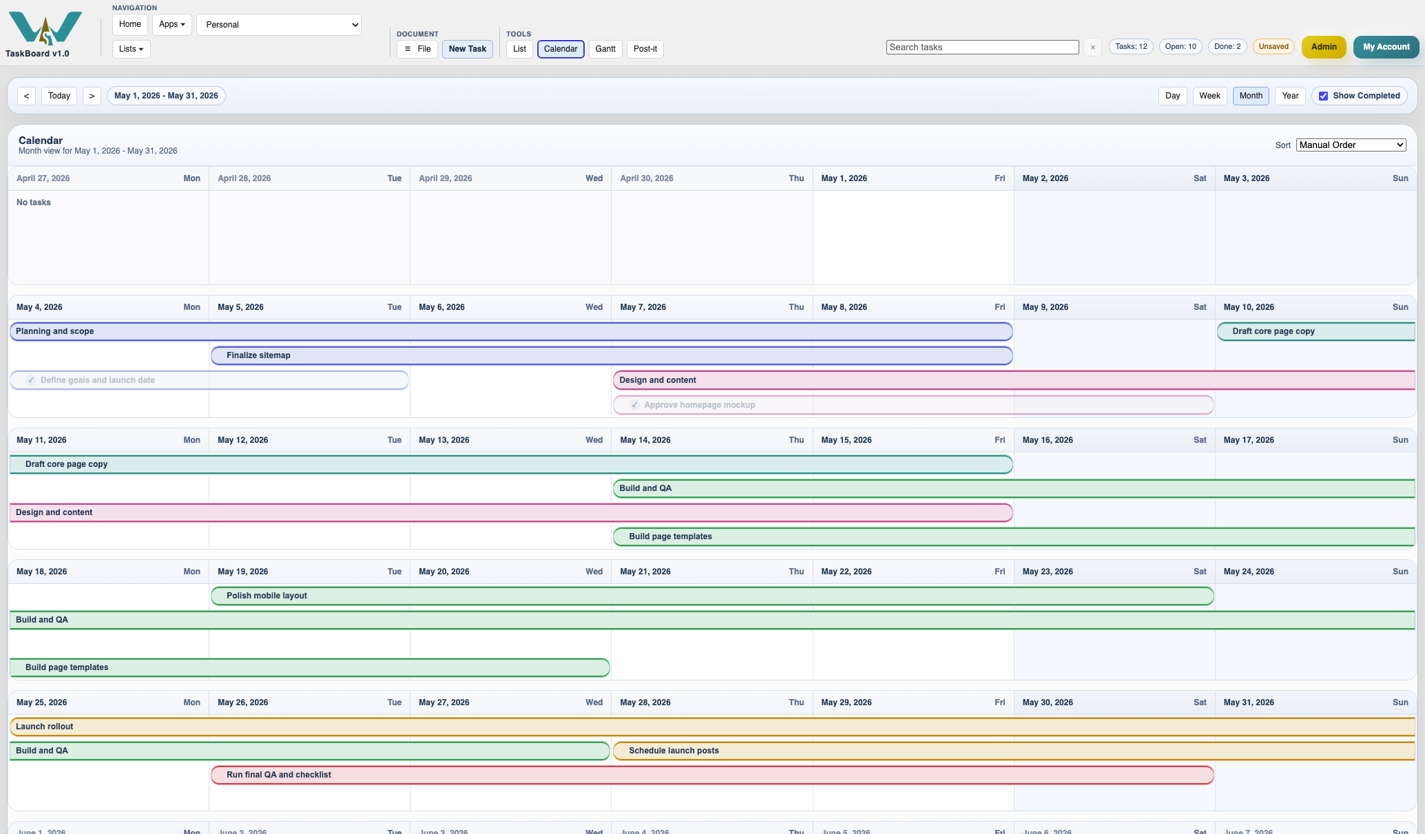 TaskBoard month calendar view used to review dates.